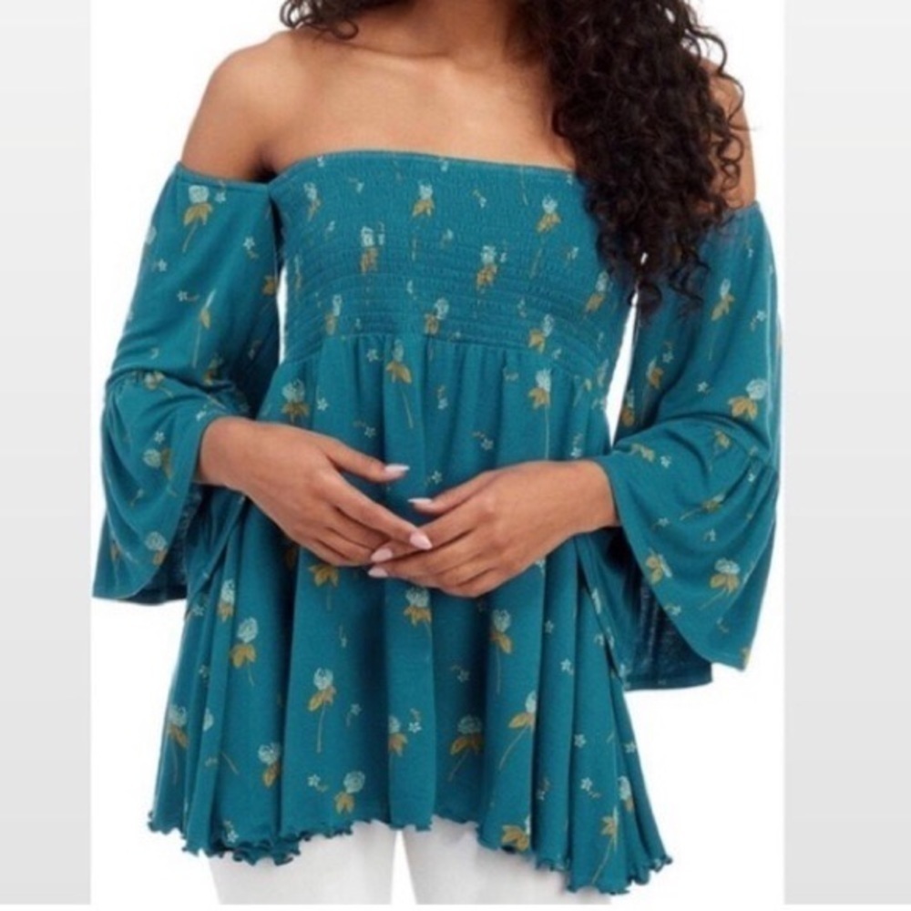 Free People Lana Off Shoulder Smocked Babydoll Boho Bell Sleeve Top Ocean Blue